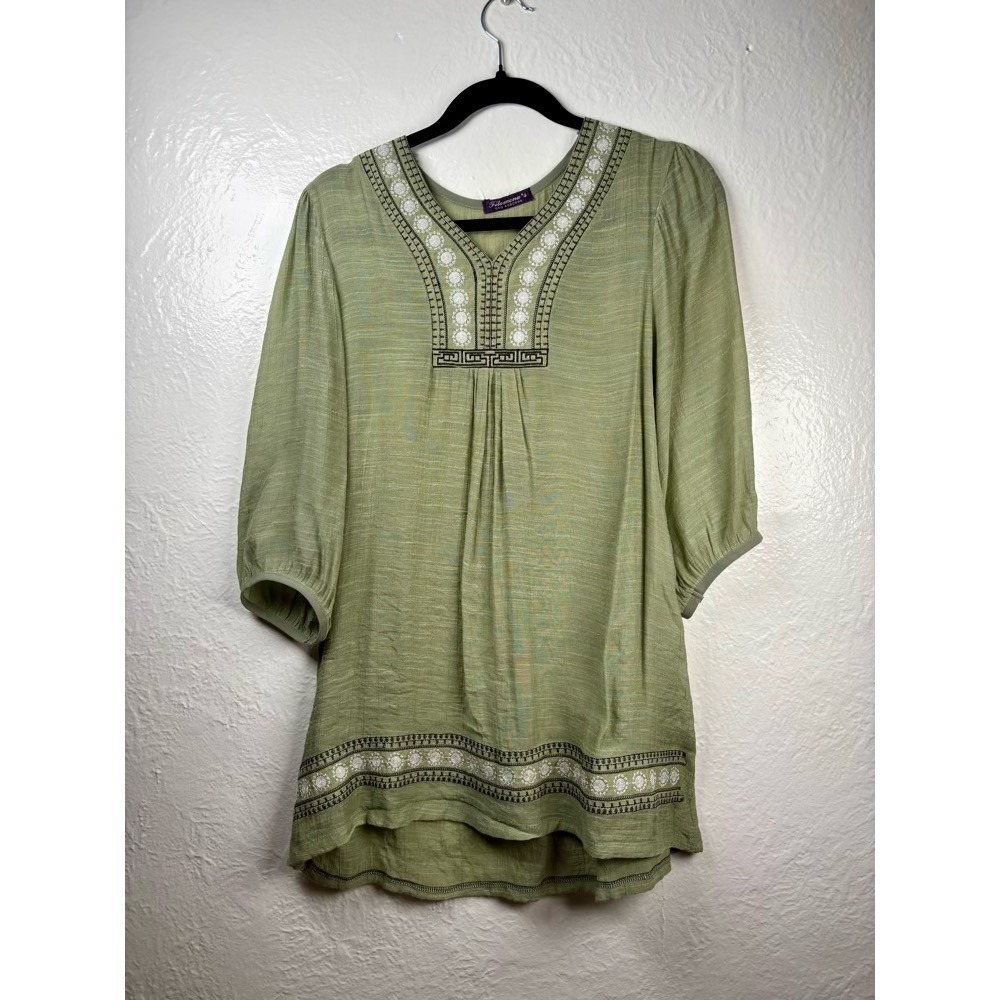 Filomena's Tunic Top Womens Large Sage Green Embroidered Boho Cotton Cottagecore